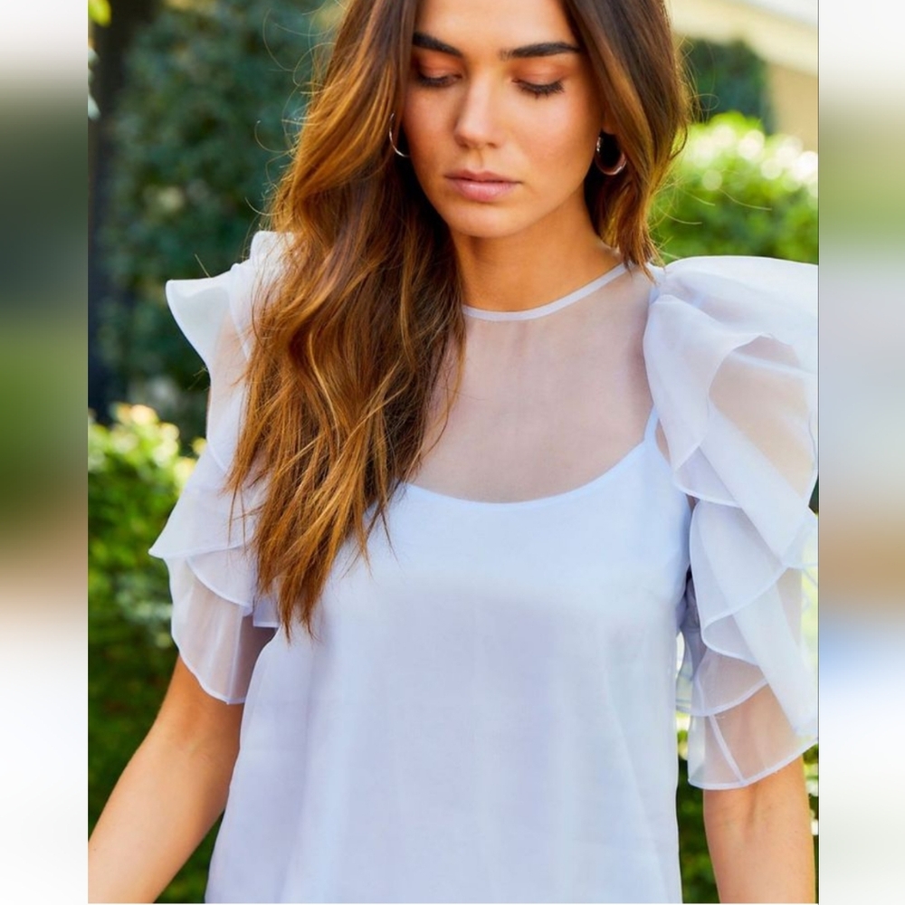Amanda Uprichard XS Stefania Short Sleeve Baby Blue Silk Flutter Organza Blouse